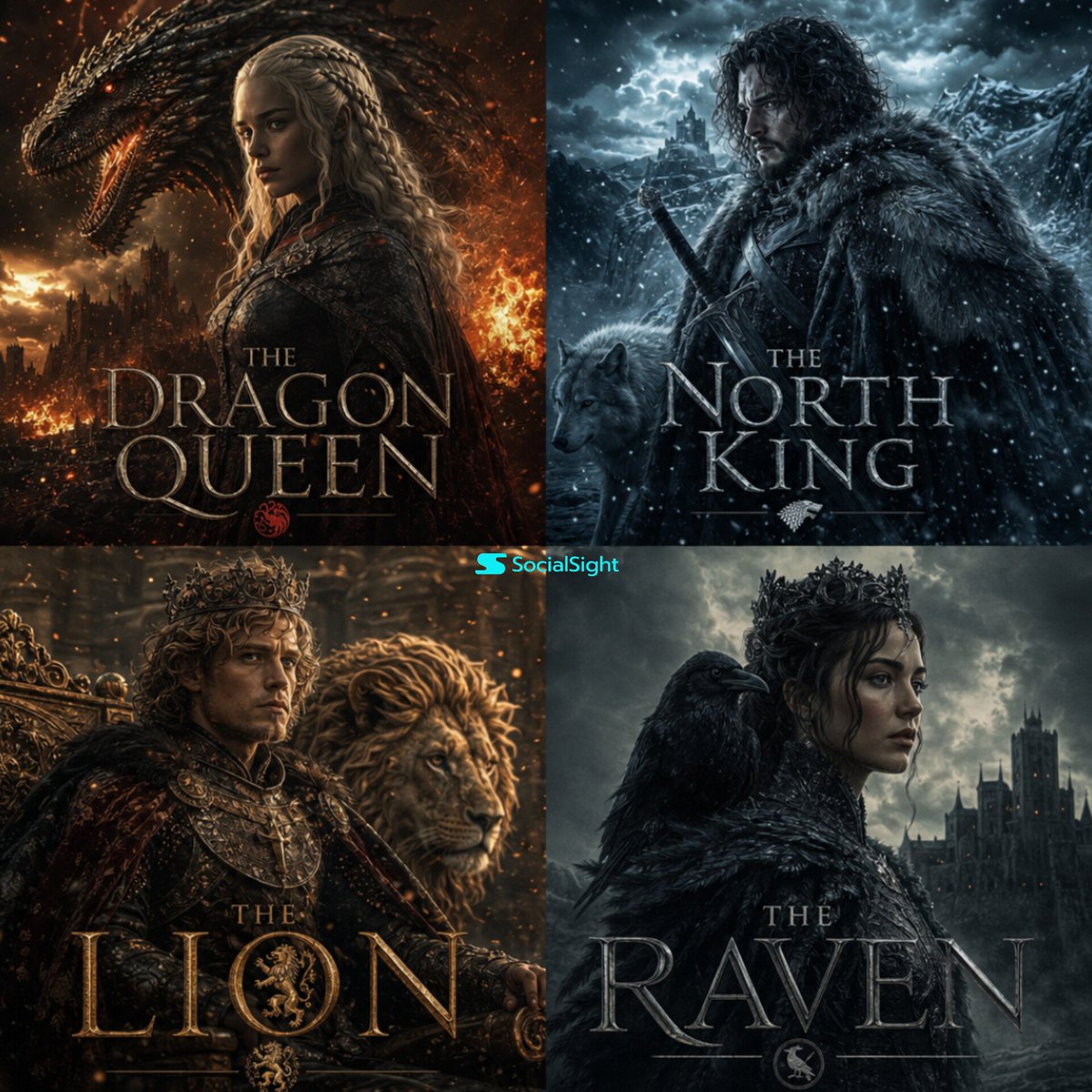 Cinematic Fantasy Character Poster Grid GPT Image 2 prompt example: A prompt for generating a multi-panel fantasy poster grid inspired by Game of Thrones with dramatic elemental...