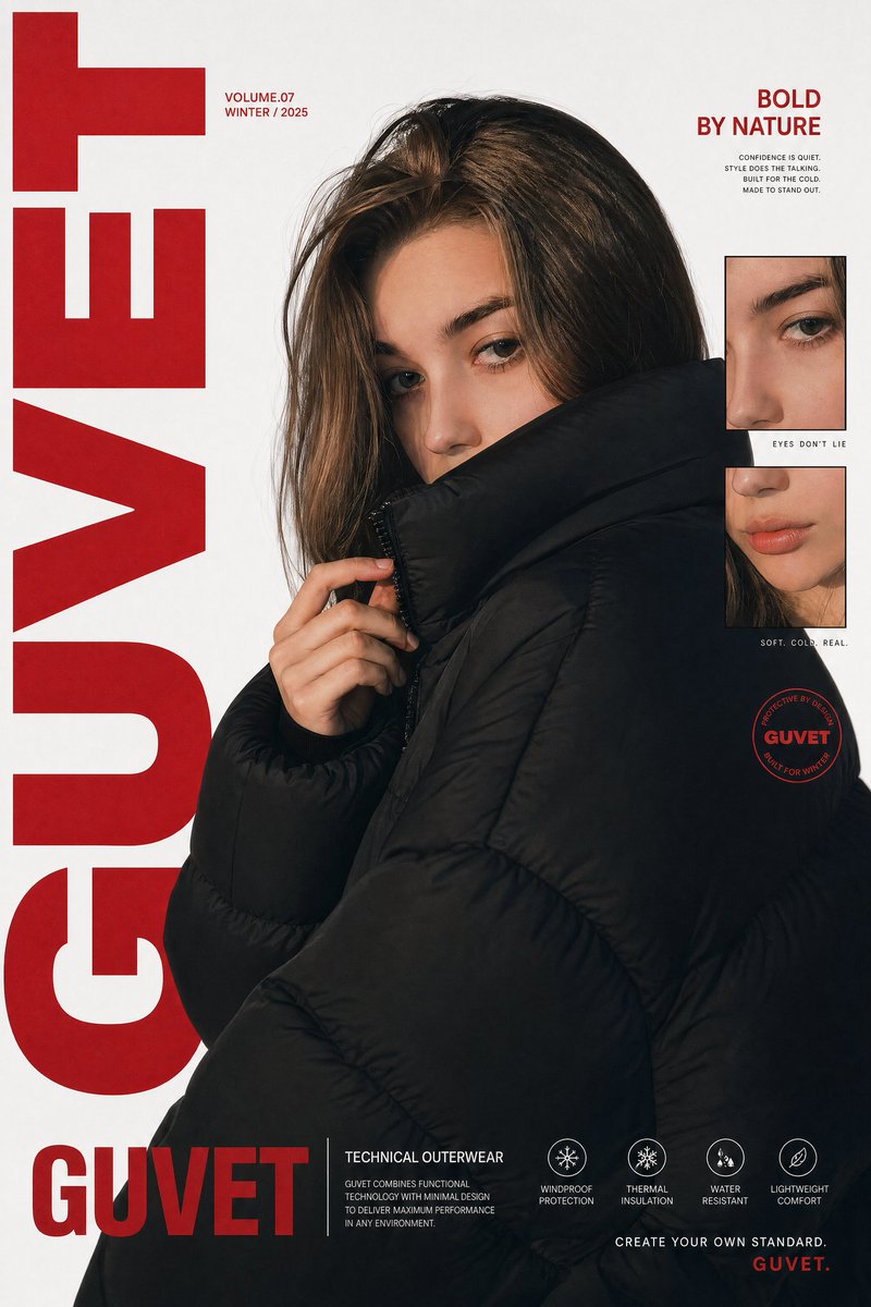 Luxury Streetwear Fashion Poster 的 GPT Image 2 提示词示例图：A highly detailed prompt for a modern fashion editorial poster featuring a model in a puffer jacket with a graphic magazine...