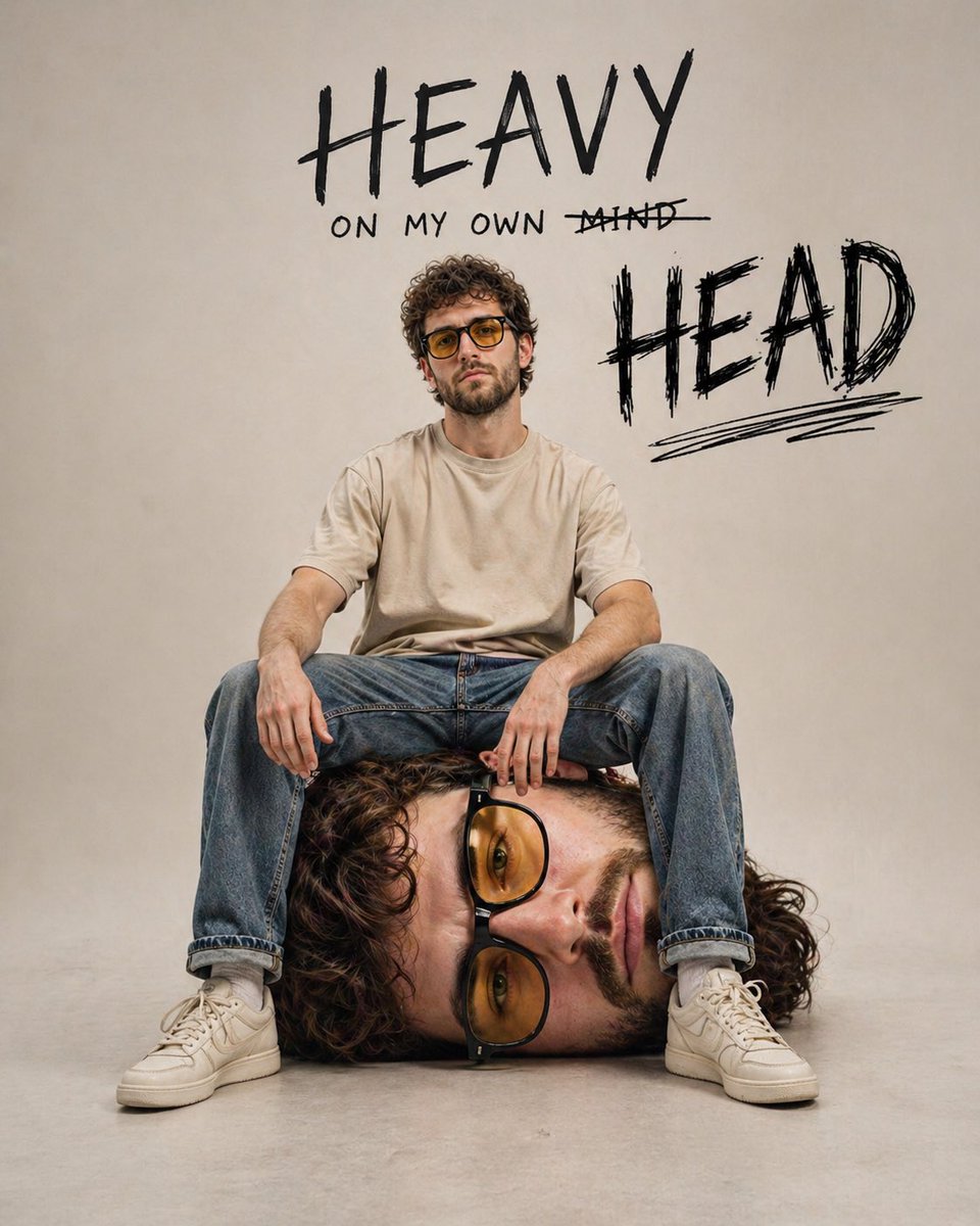 Surreal Self-Reflection Portrait 的 Qwen Image 提示词示例图:A creative prompt for a surreal portrait of a man sitting on a large version of his own detached head, styled as a minimalist...
