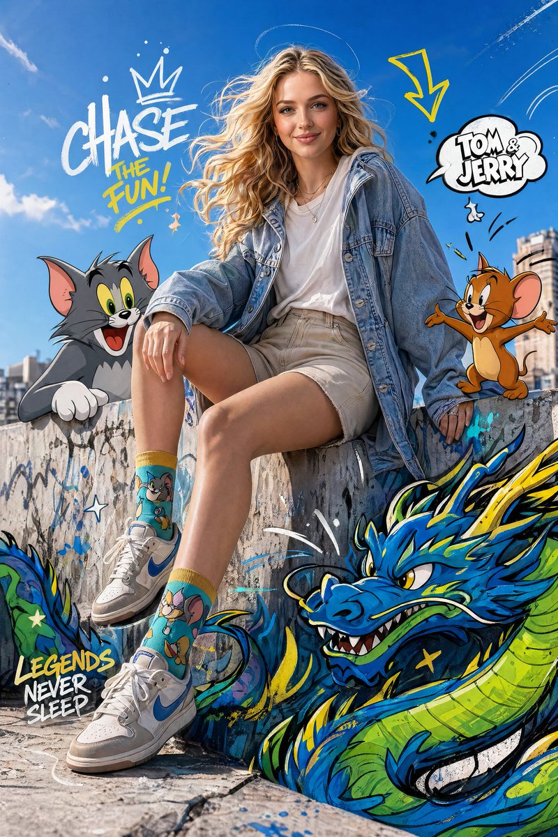 Fashion Editorial with Cartoons Qwen Image prompt example: A complex mixed-media fashion prompt that blends photorealistic models with integrated classic cartoon characters and...