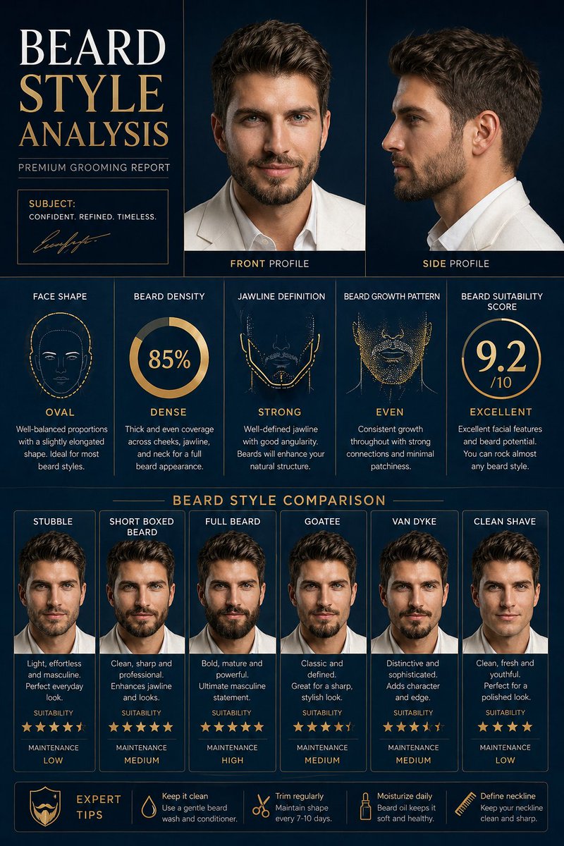 Beard Style Analysis Poster 的 GPT Image 2 提示词示例图：An infographic-style prompt for generating a professional grooming poster that analyzes beard density and styles.