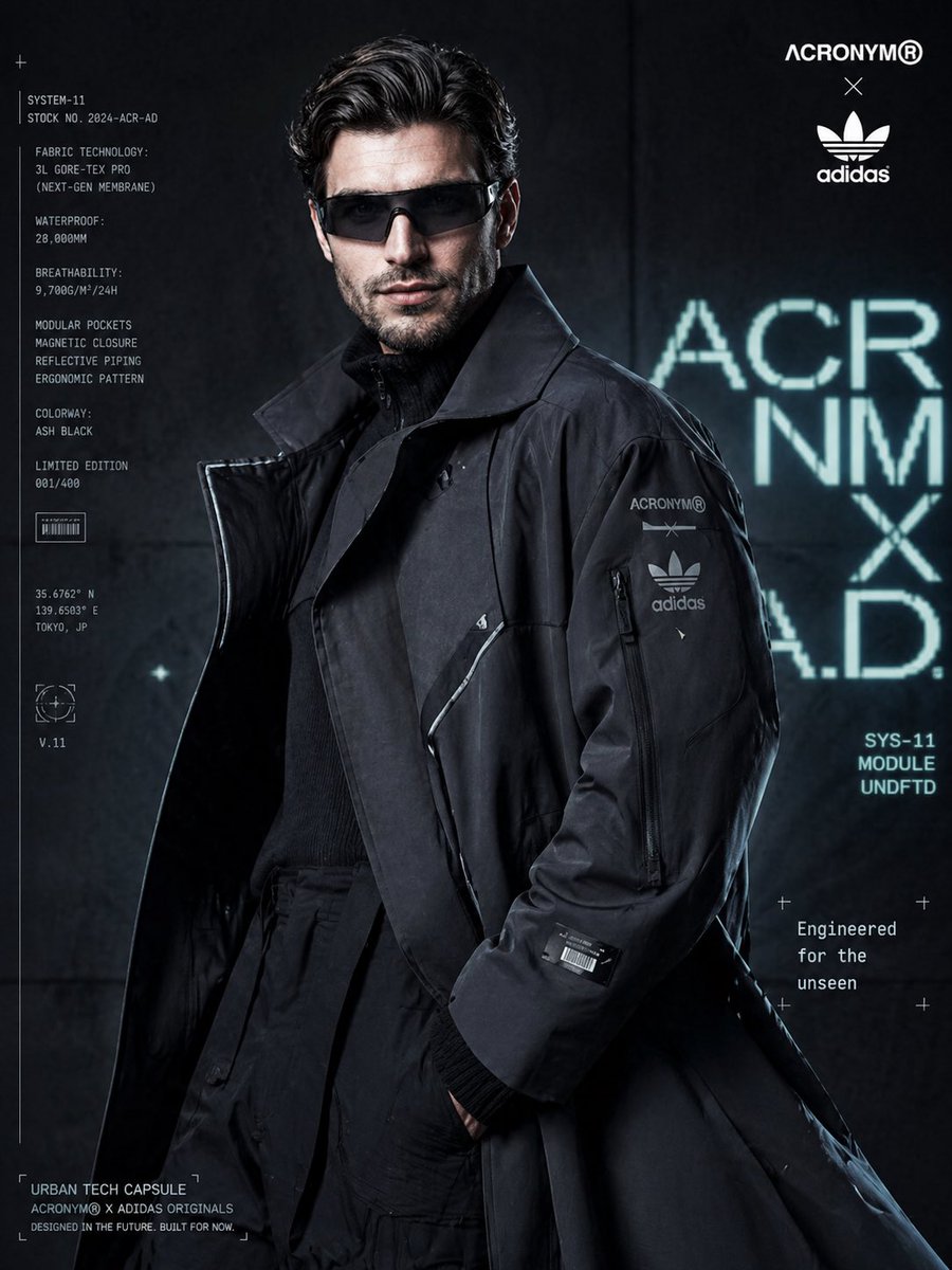 Cyberpunk Fashion Campaign Poster Qwen Image prompt example: A highly detailed prompt for a futuristic techwear fashion advertisement, including specific branding and layout...