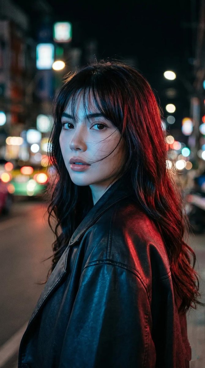 Cyberpunk Neon Portrait Qwen Image prompt example: A cinematic night portrait prompt featuring neon lighting and Tokyo cyberpunk aesthetics.