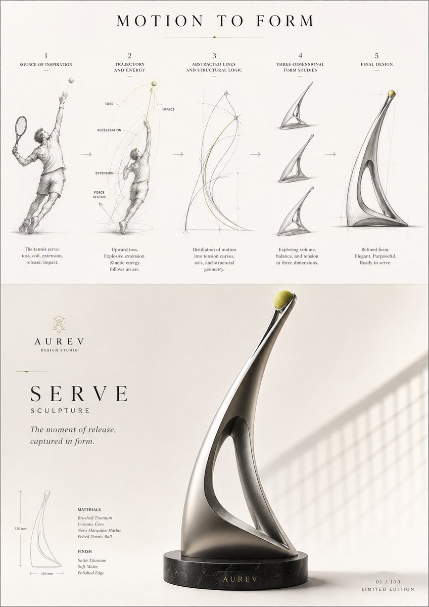 Concept to Form Design Process GPT Image 2 prompt example: A sophisticated prompt that generates an A4 vertical visual mapping the transformation from a concept to a finished...