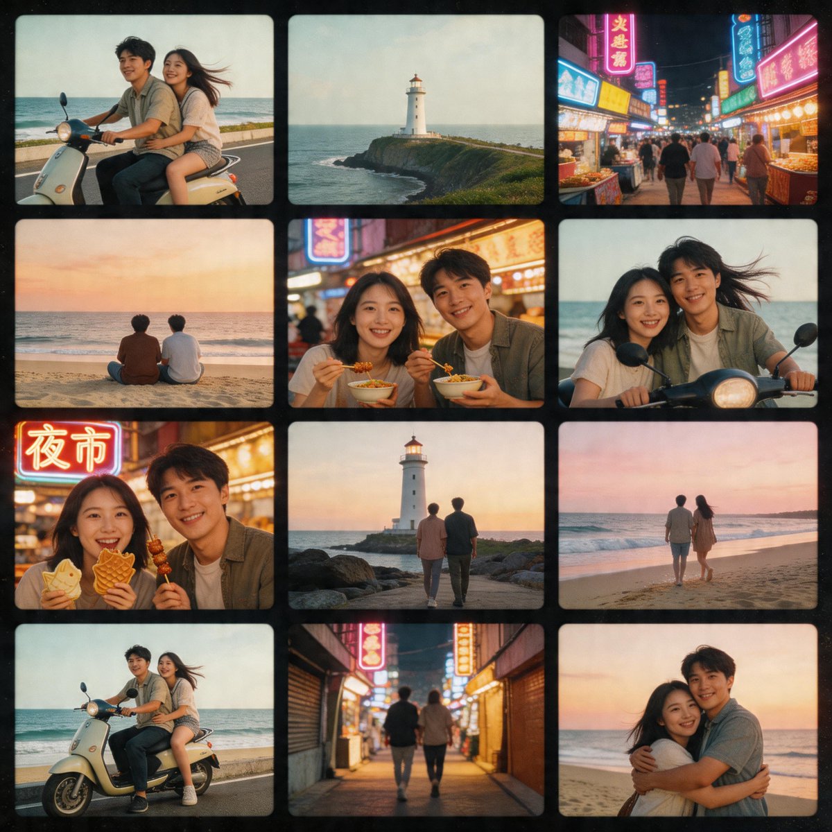 Nostalgic Tokyo Travel Collage のQwen Imageプロンプト例: A prompt for generating a 12-photo collage with a nostalgic, faded film aesthetic capturing a couple's travels in Tokyo.