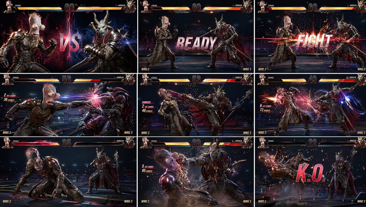 AAA Fighting Game Storyboard Grid Qwen Image prompt example: A highly structured prompt for creating a 3x3 storyboard grid of a fighting game, maintaining consistent characters...