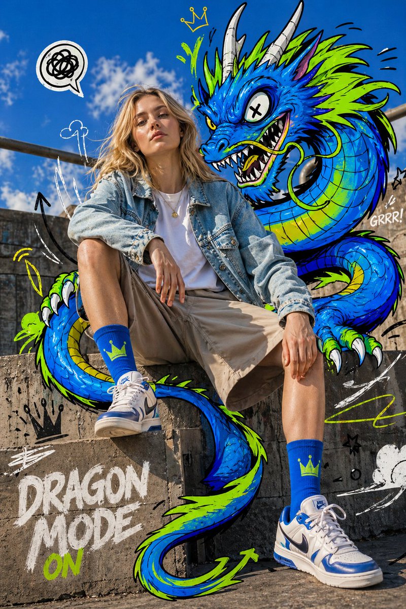 Mixed-Media Fashion Editorial Qwen Image 프롬프트 예시: A creative fashion prompt that integrates photorealistic elements with illustrative cartoon doodles in an urban setting.