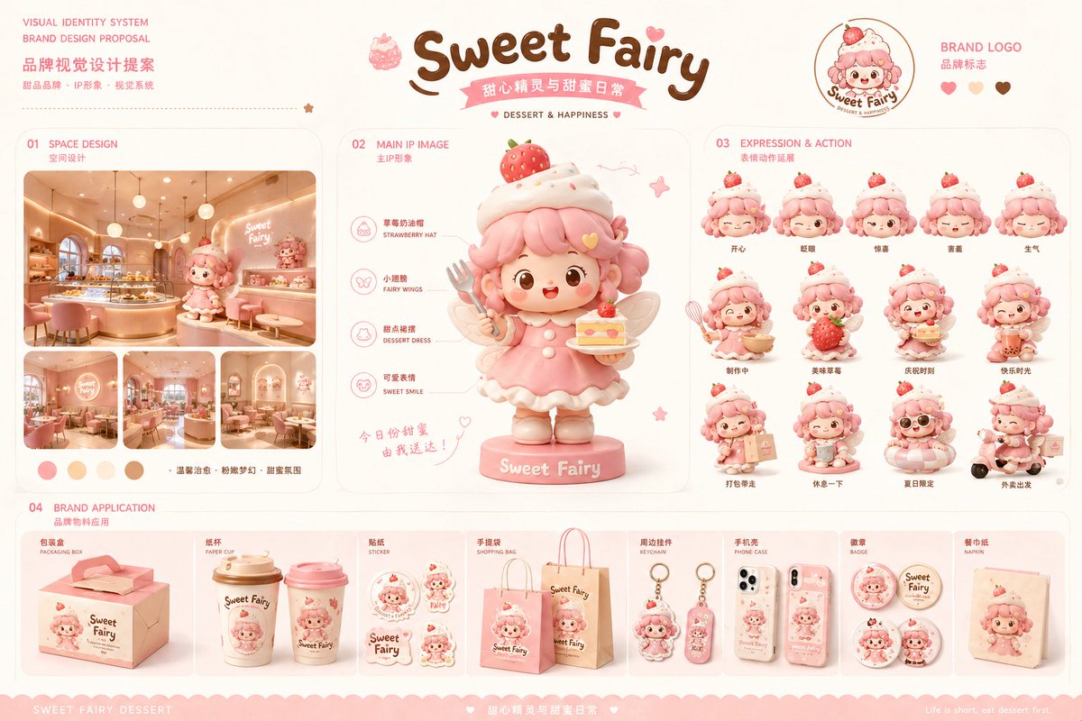 Dessert Brand Visual Identity Proposal Board GPT Image 2 prompt example: A comprehensive prompt for a branding proposal board, featuring character design, store interior...