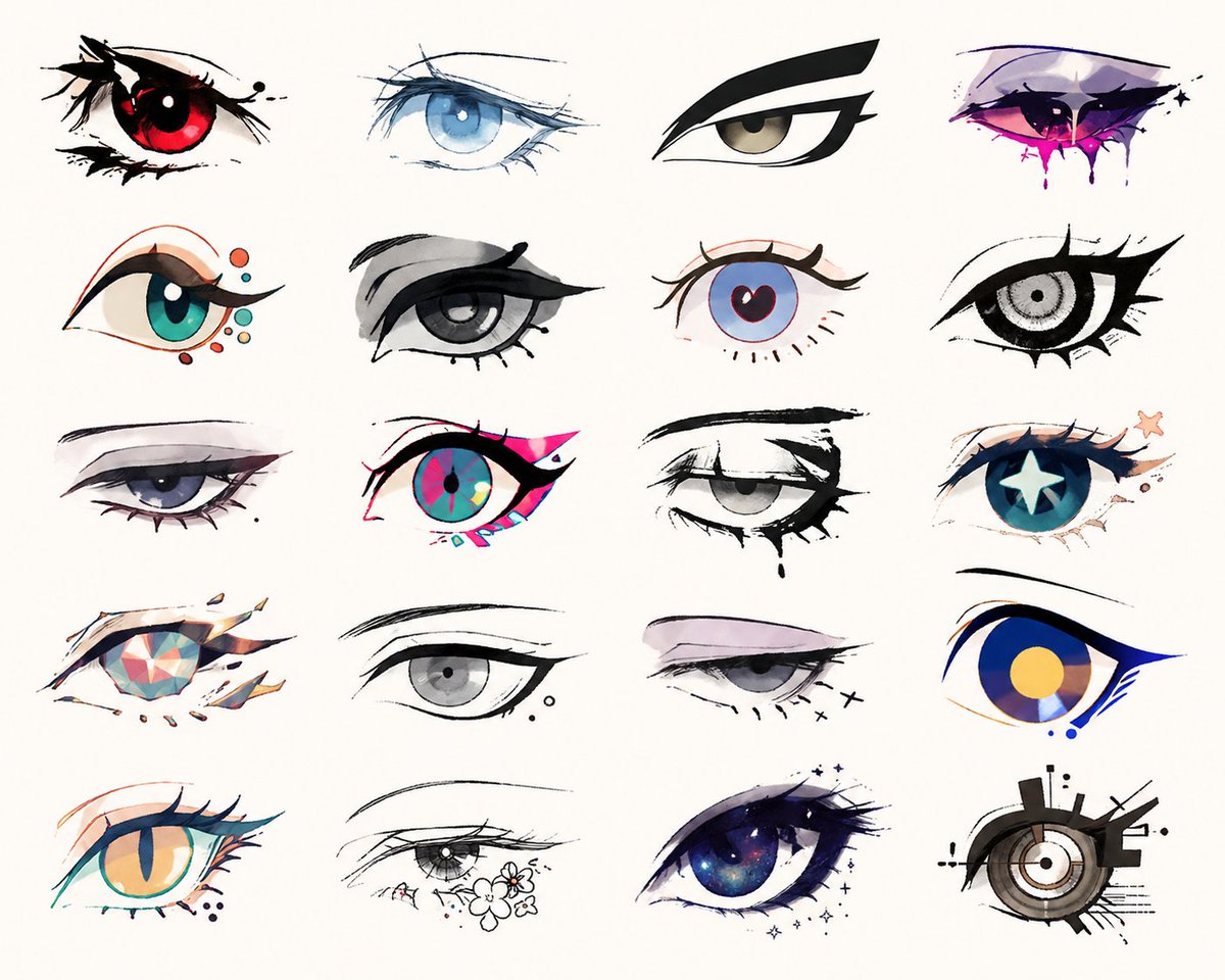 Illustrator-style eye design GPT Image 2 prompt example: A prompt for generating various stylized eye designs inspired by top illustrators with an emphasis on artistic deformation.