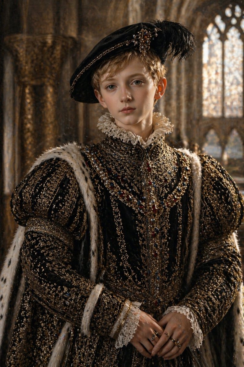 Cinematic Tudor Noble Portrait GPT Image 2 prompt example: A sophisticated prompt for a cinematic photo portrait of a Tudor-style young nobleman inside a Gothic cathedral with...