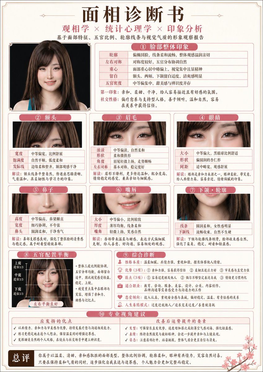 Japanese-Style Facial Analysis Diagnostic Poster Qwen Image 프롬프트 예시: A complex structured prompt for generating a professional medical-style report poster that analyzes facial...
