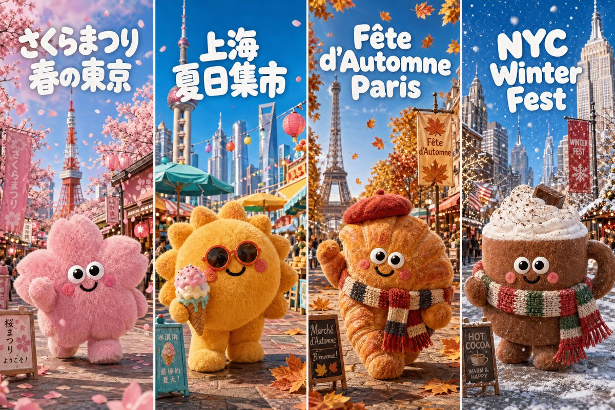 Four-Season Plush Festival City Grid のQwen Imageプロンプト例: A whimsical four-panel poster showing cute plush mascots for spring Tokyo, summer Shanghai, autumn Paris, and winter New...