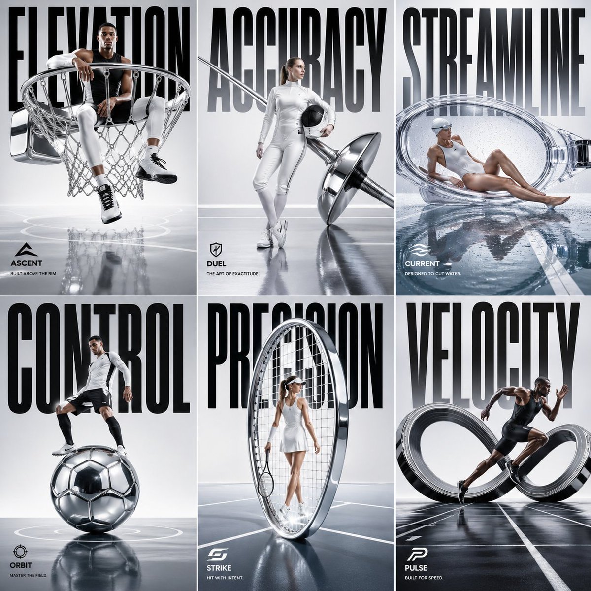 Luxury Sportswear 2x3 Campaign Grid 的 Qwen Image 提示词示例图：This prompt generates a polished six-panel editorial sports campaign poster for fashion advertising, brand concept art, or...