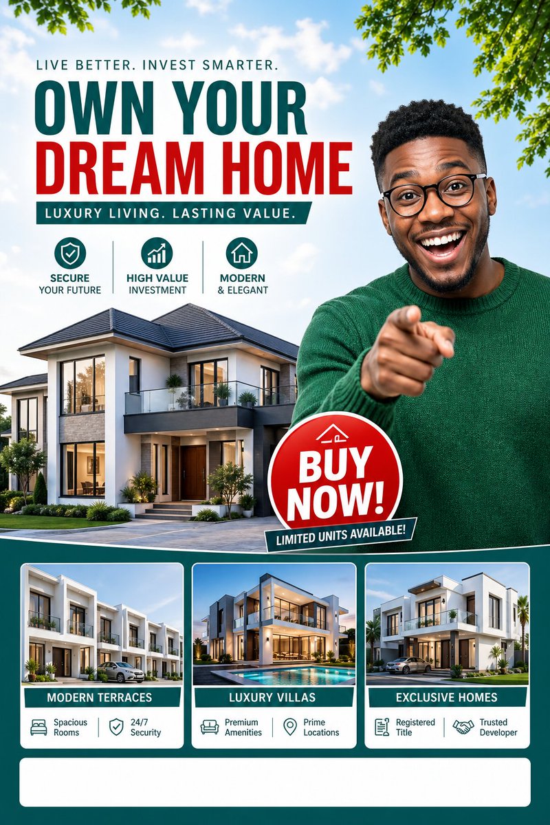 Luxury Dream Home Real Estate Flyer Qwen Image prompt example: A bold vertical real-estate ad poster promoting luxury homes and property investment, ideal for social media...