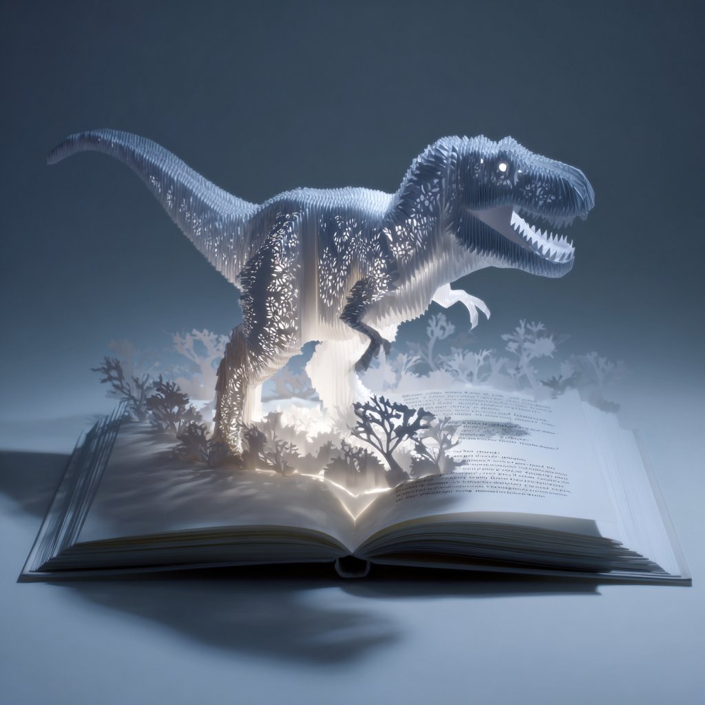 Origami Pop-Up T-Rex Book Ad Qwen Image prompt example: This prompt generates a cinematic product-style image of a glowing paper-engineered T-rex emerging from an open pop-up...