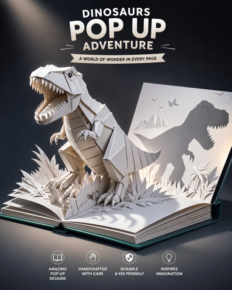 Origami Dinosaur Pop-Up Book Ad Qwen Image prompt example: This prompt generates a cinematic children's advertisement image of a paper T-rex bursting from a pop-up book, ideal...