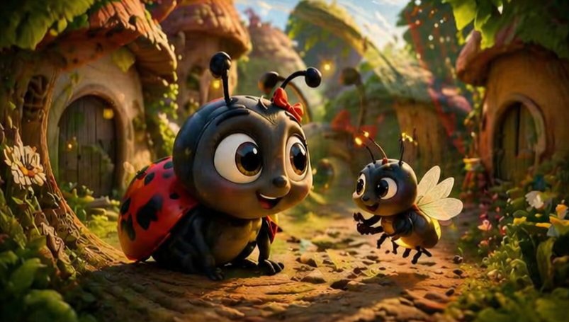 Whimsical Ladybug and Bee Village Scene Qwen Image prompt example: This prompt generates a cinematic 3D animated-style image of two cute insects meeting in an enchanted woodland...