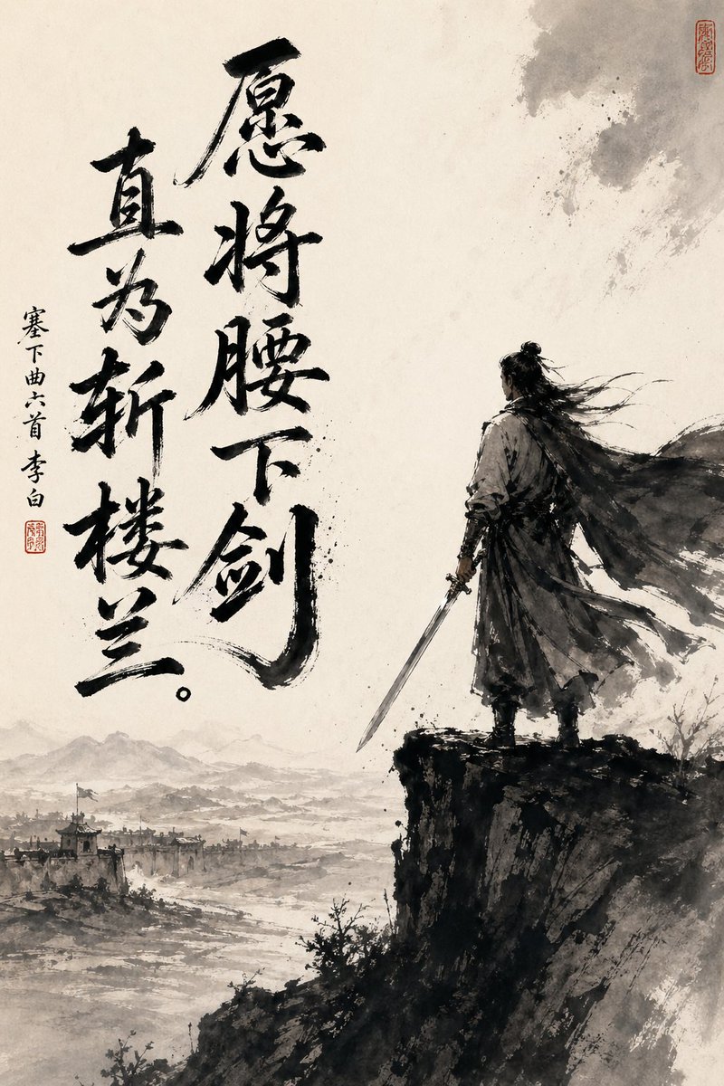 Chinese Ink Swordsman and Calligraphy Qwen Image prompt example: This prompt generates a dramatic wuxia-style ink painting poster with a lone swordsman, frontier landscape, and...