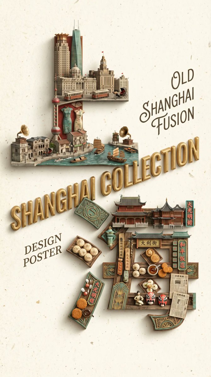 Old Shanghai Fusion Poster Qwen Image 프롬프트 예시: A handcrafted 3D-style cultural poster celebrating Shanghai through miniature architecture, food, signage, and retro typography,...