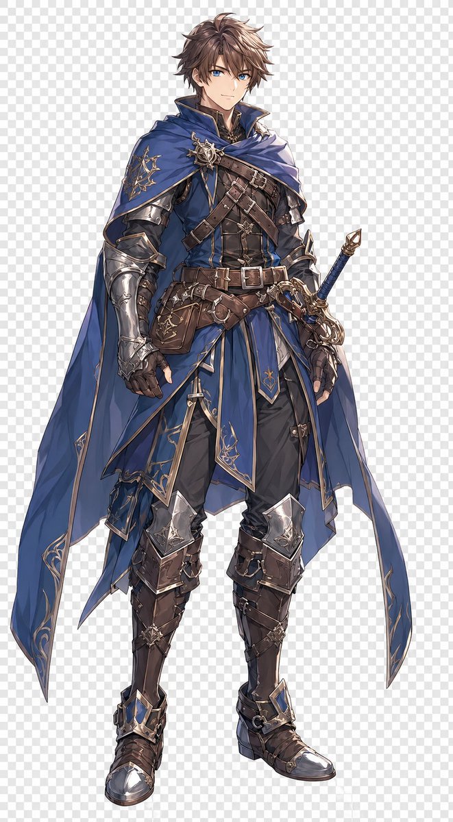 Blue Fantasy Knight Character Qwen Image 프롬프트 예시: This prompt generates a full-body anime-style male fantasy knight character cutout, useful for JRPG concept art, character...