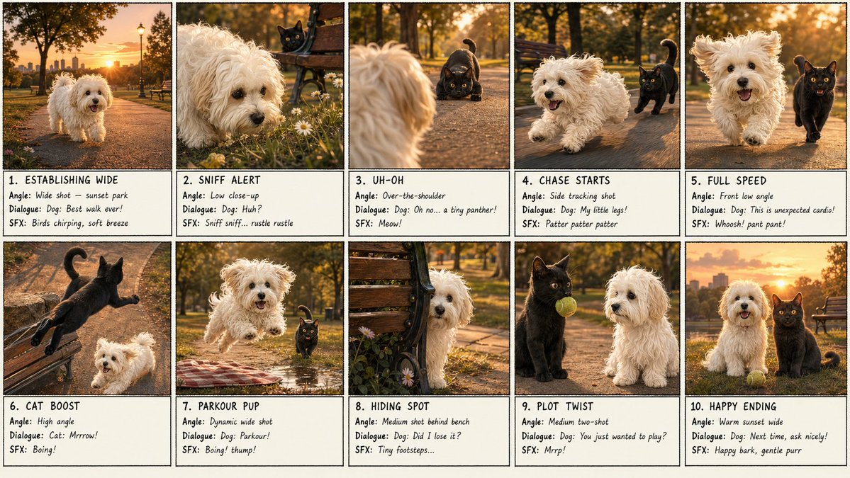 10-Panel Dog and Cat Park Storyboard のQwen Imageプロンプト例: Generates a photorealistic 10-panel storyboard sheet of a fluffy white dog and a black cat playing through a sunset park...