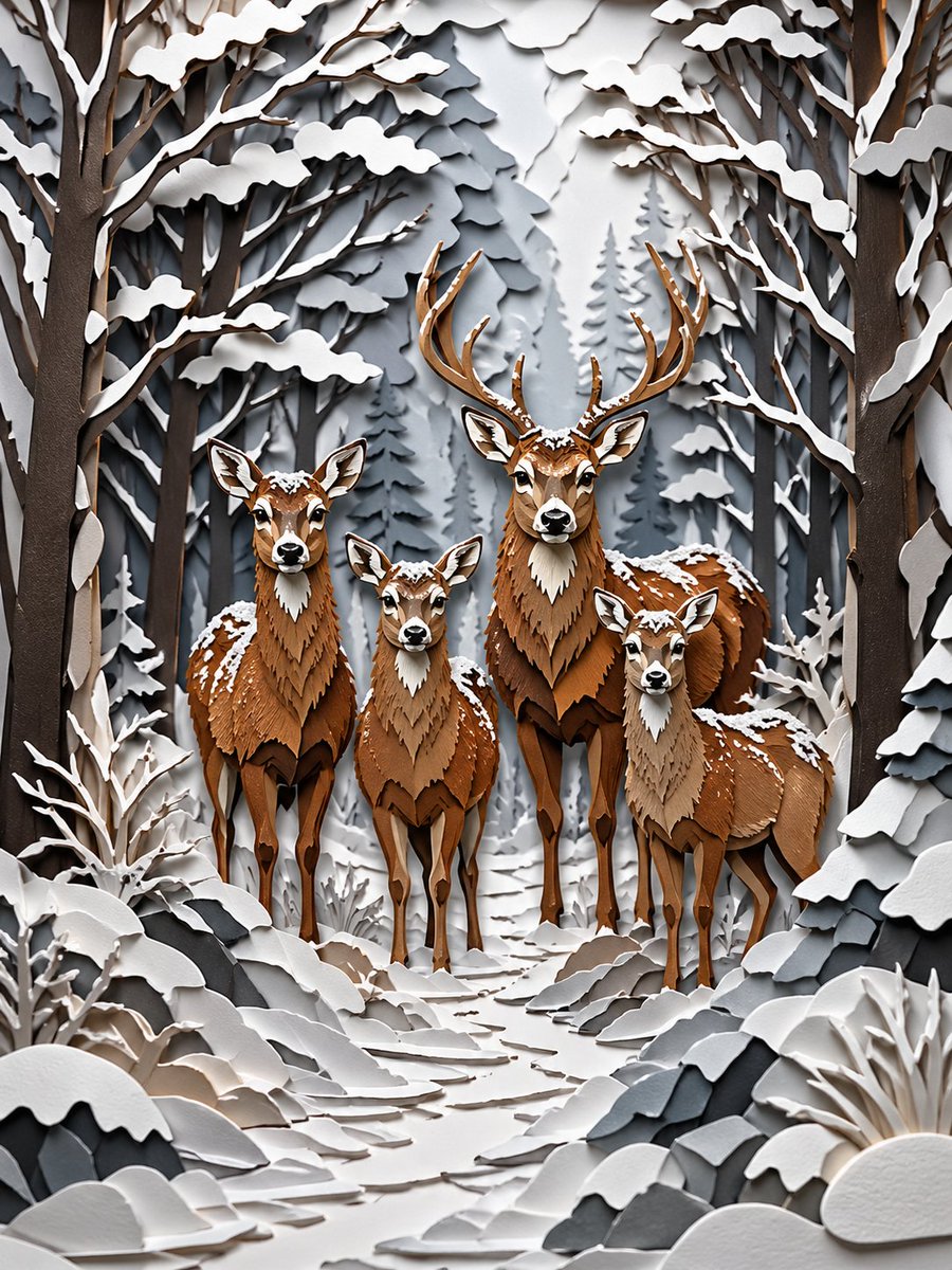 Winter Deer Papercut Forest GPT Image 2 prompt example: This prompt generates a refined layered paper-cut illustration of four deer in a snowy winter forest, ideal for seasonal...