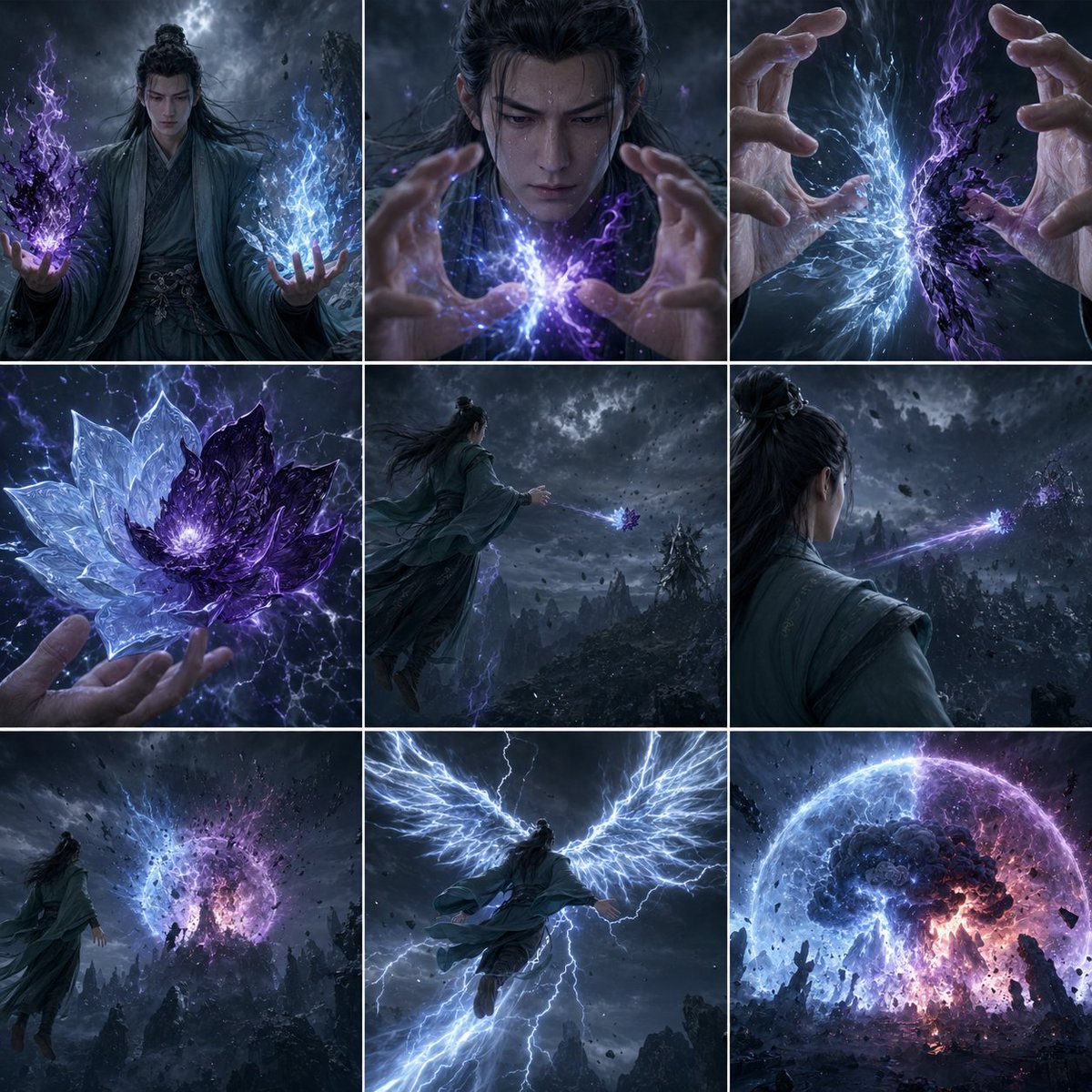 Storm Mage Ultimate Attack Storyboard 的 GPT Image 2 提示词示例图：A 9-panel cinematic fantasy storyboard showing a robed cultivator forging a blue-and-purple lotus spell and unleashing...