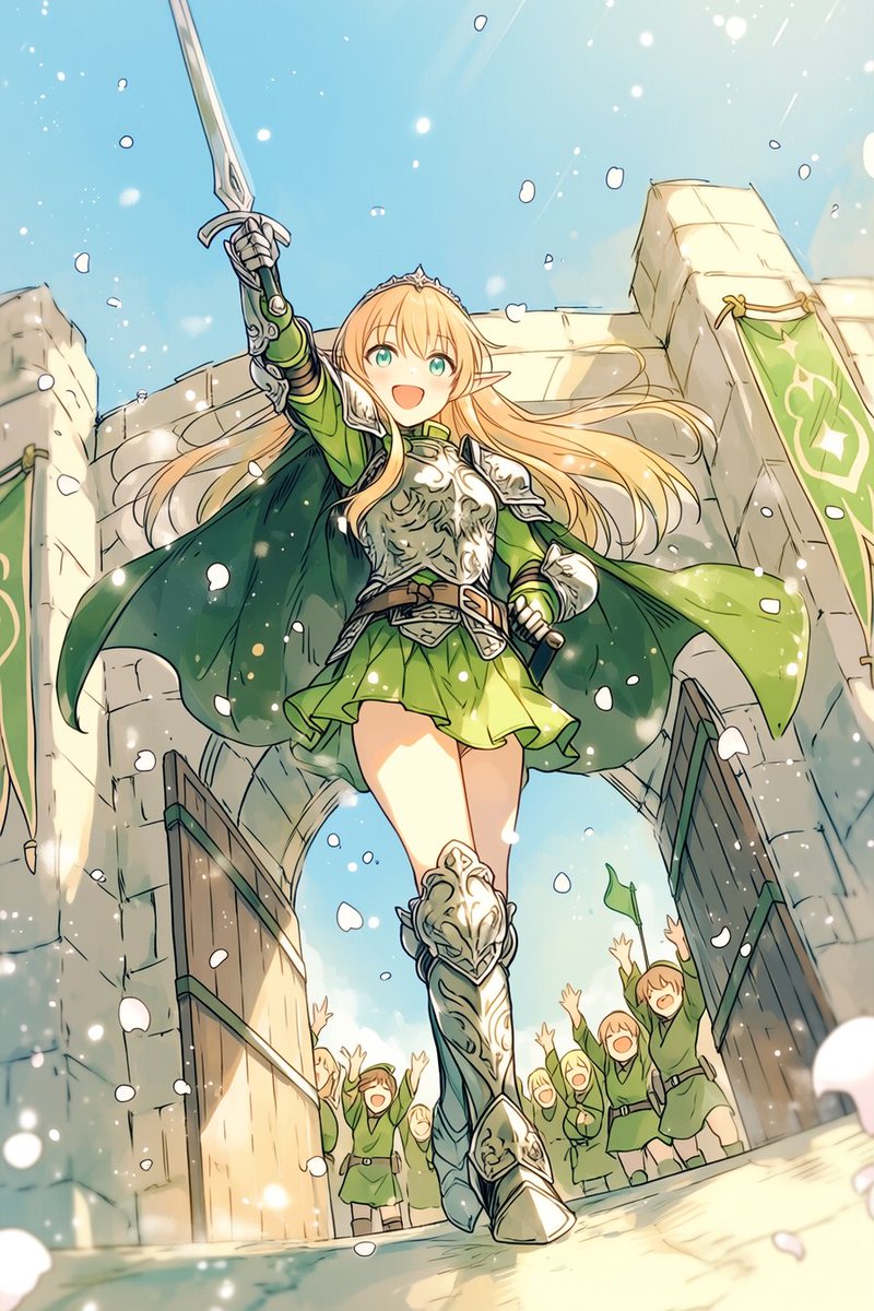 Heroic Elf Knight Victory March Qwen Image prompt example: This prompt generates a bright low-angle fantasy anime scene of a smiling elf knight raising her sword while walking...