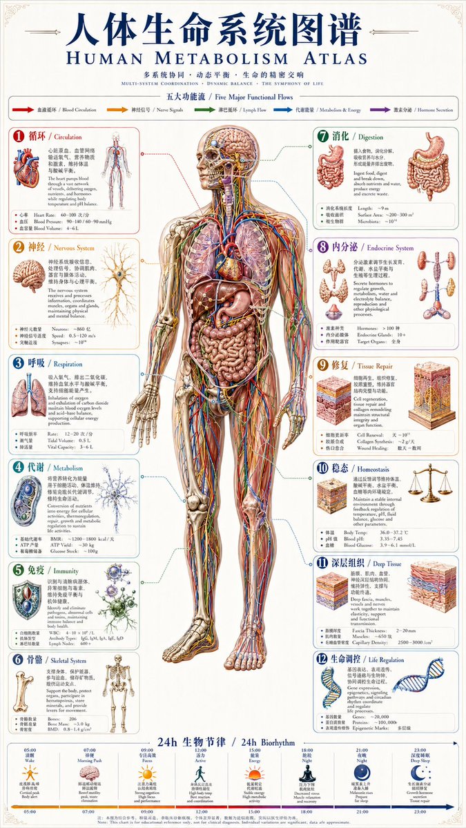 Human Metabolism Atlas Poster 的 Qwen Image 提示词示例图:A dense bilingual anatomy infographic poster showing a central human body with 12 labeled life-system panels and a 24-hour...