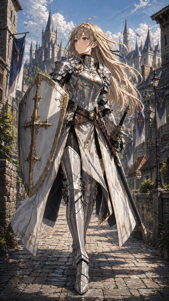 Holy Knight in a Castle City のQwen Imageプロンプト例: This prompt generates a detailed vertical anime illustration of a regal armored female knight walking through a medieval city,...