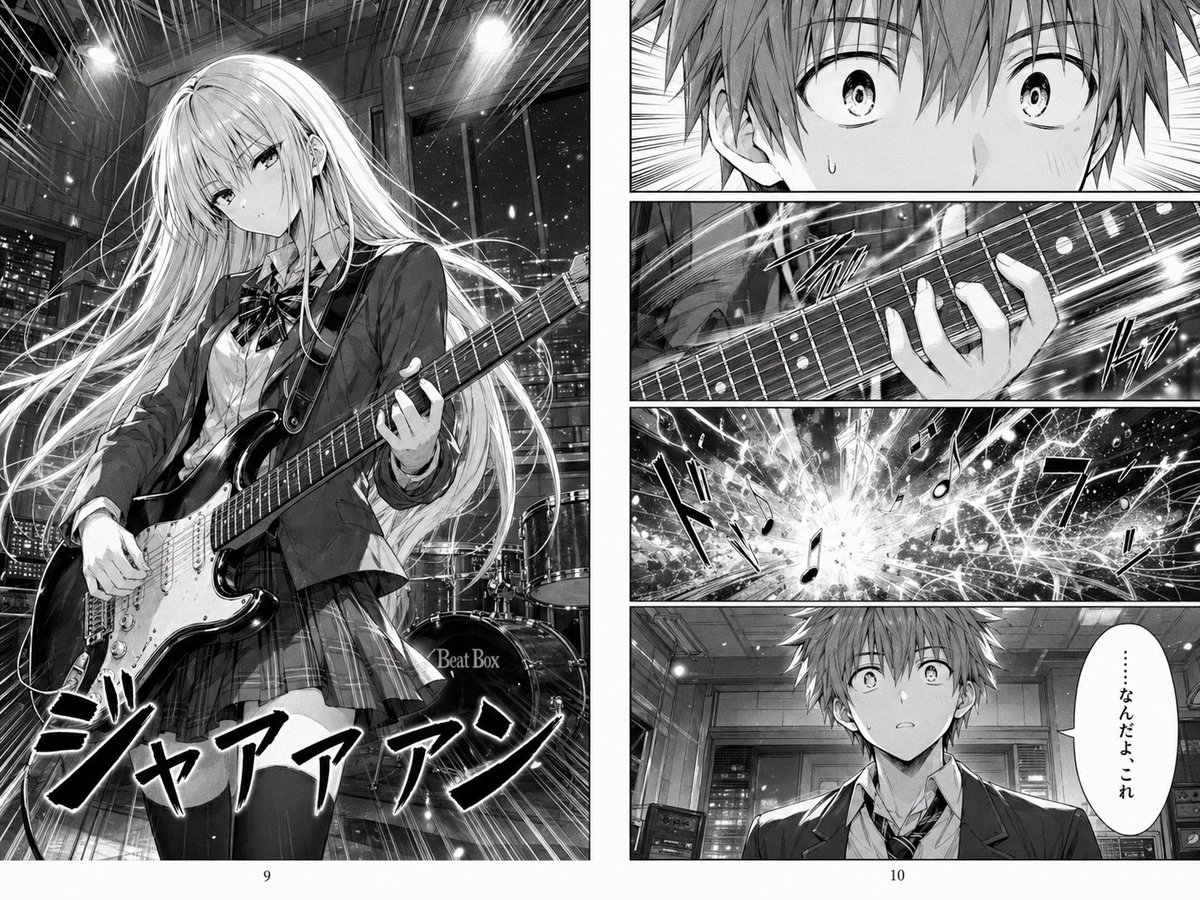 Dramatic Manga Guitar Reveal Page のQwen Imageプロンプト例: A detailed monochrome manga page showing a high school girl unleashing a stunning guitar performance while a shocked boy...
