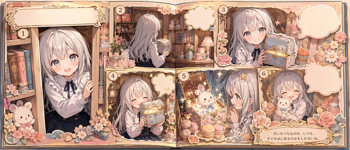 Whimsical Storybook Treasure Spread Qwen Image prompt example: A cozy six-panel picture-book spread showing a little girl discovering a magical box and hugging a bunny, ideal for...