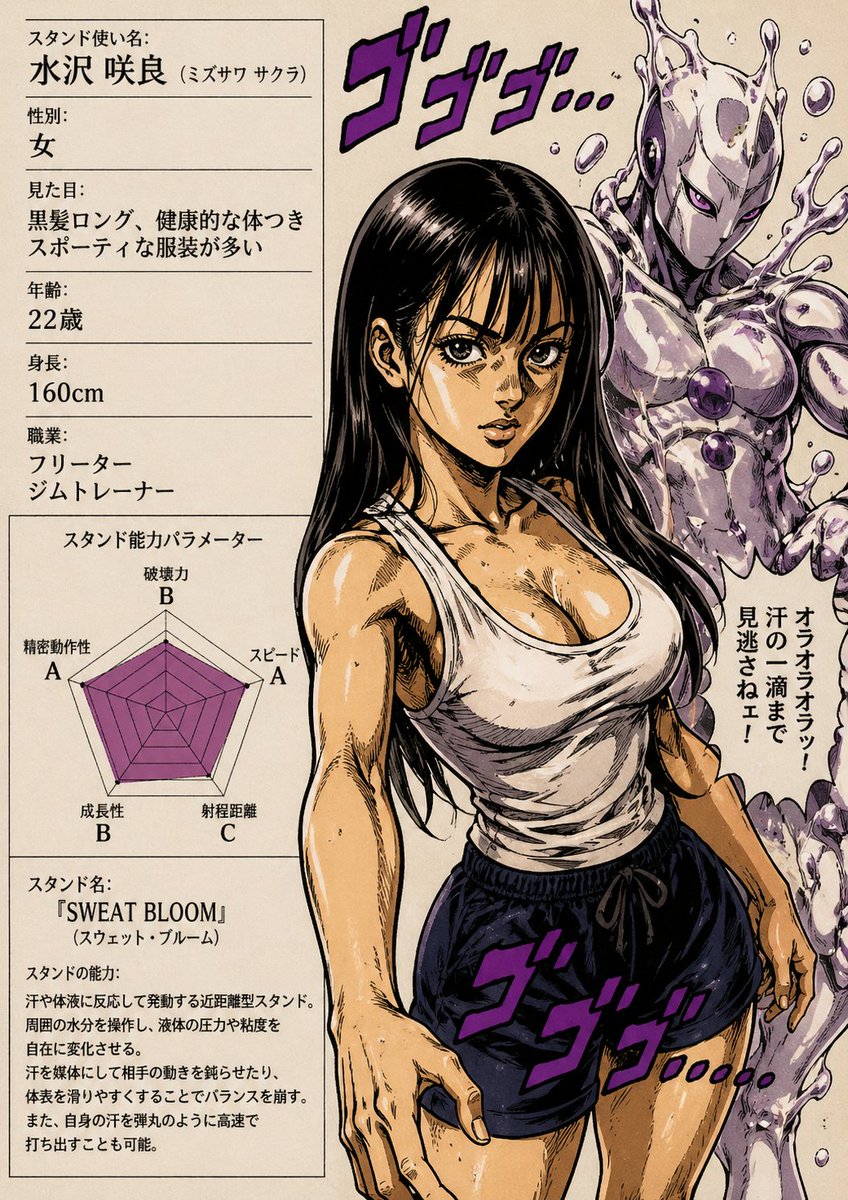 Manga Stand User Profile Page Qwen Image prompt example: This prompt generates a dramatic manga-style character dossier page featuring a sporty female stand user, her...