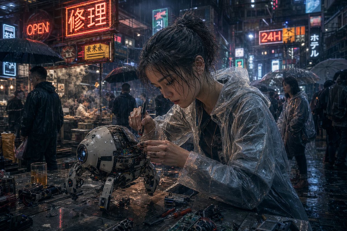 Cyberpunk Rainy Street Robot Repair のQwen Imageプロンプト例: This prompt generates a cinematic photorealistic cyberpunk scene of a rain-soaked street mechanic repairing a quadruped...