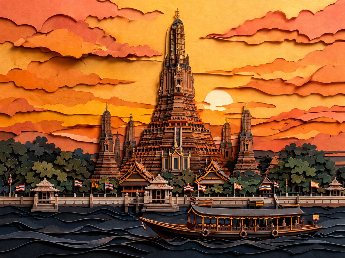Papercut Wat Arun at Sunset 的 Qwen Image 提示词示例图:This prompt generates a richly layered paper-cut style illustration of Wat Arun at dusk, ideal for decorative travel art, posters,...