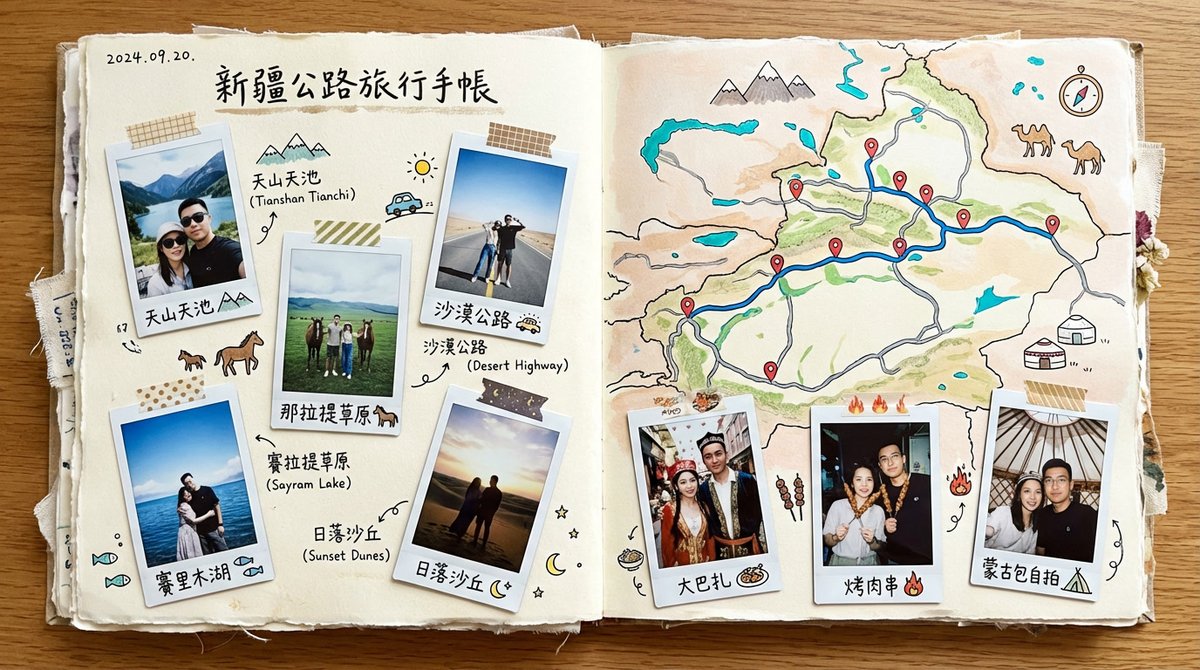 Xinjiang Road Trip Scrapbook Spread 的 Qwen Image 提示词示例图:This prompt generates a realistic overhead photo of a handmade Xinjiang travel journal spread, useful for scrapbook-style...
