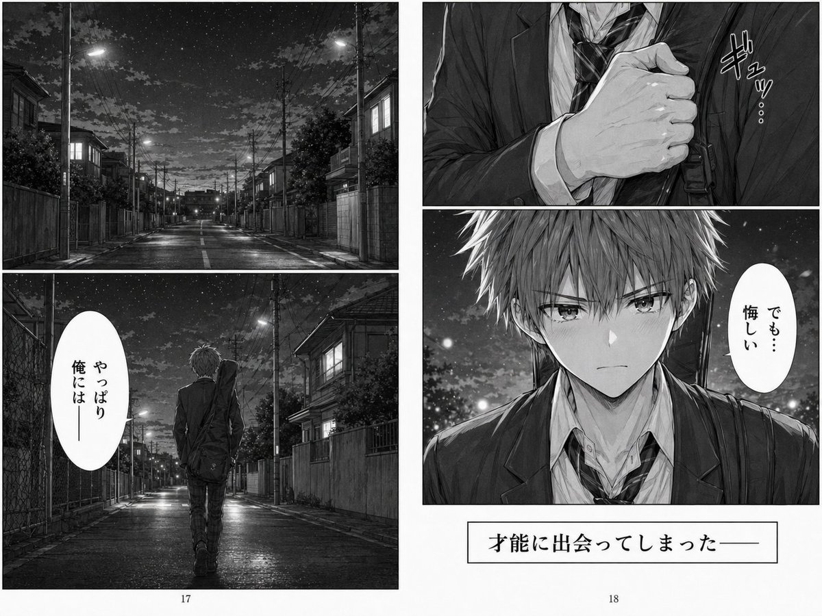 Melancholy Night Street Manga Spread Qwen Image prompt example: This prompt generates a grayscale two-page manga spread of a schoolboy walking alone at night, ideal for dramatic...