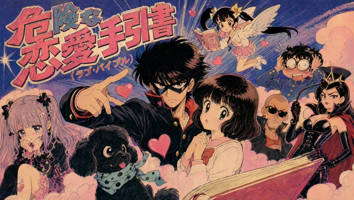 Retro Manga Love Guide Cover Qwen Image 프롬프트 예시: This prompt generates a busy vintage-style Japanese manga cover illustration packed with romantic-comedy characters, ideal for...