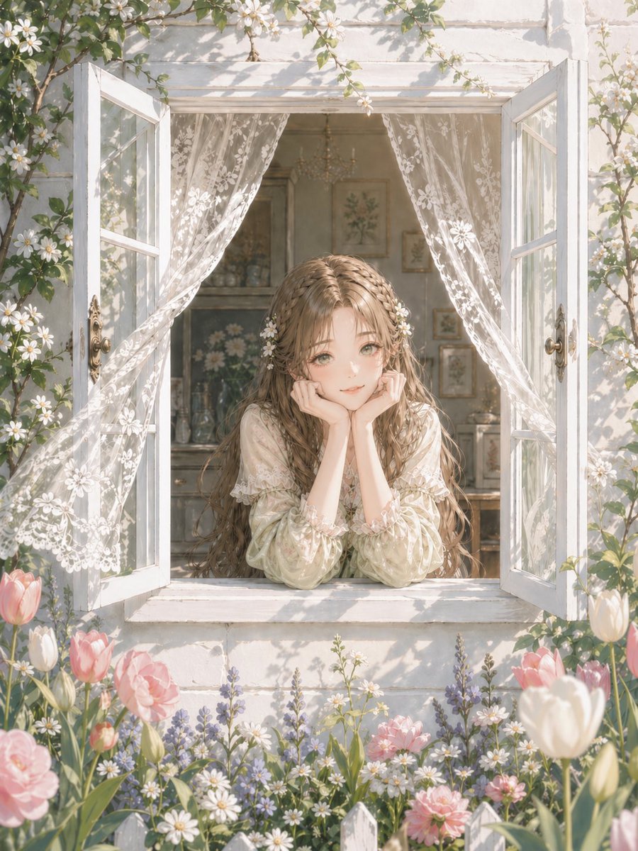 Romantic Cottage Window Garden Scene 的 Qwen Image 提示词示例图：This prompt generates a soft, floral, anime-inspired illustration of a girl at an open window with a clear indoor room...