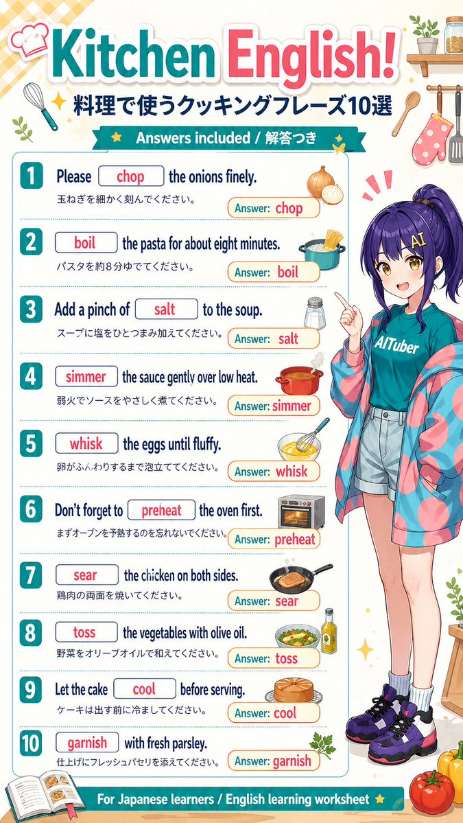 Kitchen English Fill-in Worksheet Poster Qwen Image prompt example variation 2: A colorful anime-style educational poster for Japanese learners featuring 10 cooking-related...