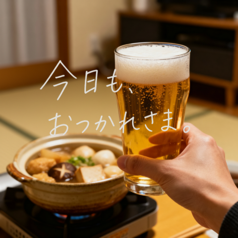 Cozy Beer Toast with Oden Qwen Image prompt example: A warm Japanese home-style evening photo with a hand holding beer in front of simmering oden, ideal for comforting social...