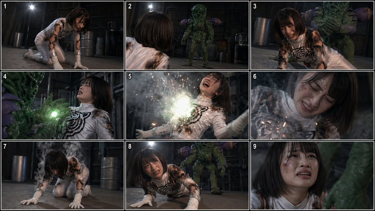 Superheroine Peril Storyboard Grid Qwen Image prompt example: Generates a 9-panel live-action tokusatsu-style storyboard sheet of a damaged superheroine being attacked by a...