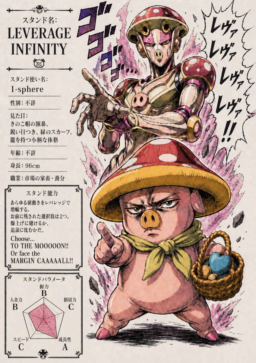 Leverage Infinity Stand Poster 的 Qwen Image 提示词示例图:A JoJo-inspired manga profile poster showing a bizarre mushroom-themed Stand and pig-like user, ideal for parody character...