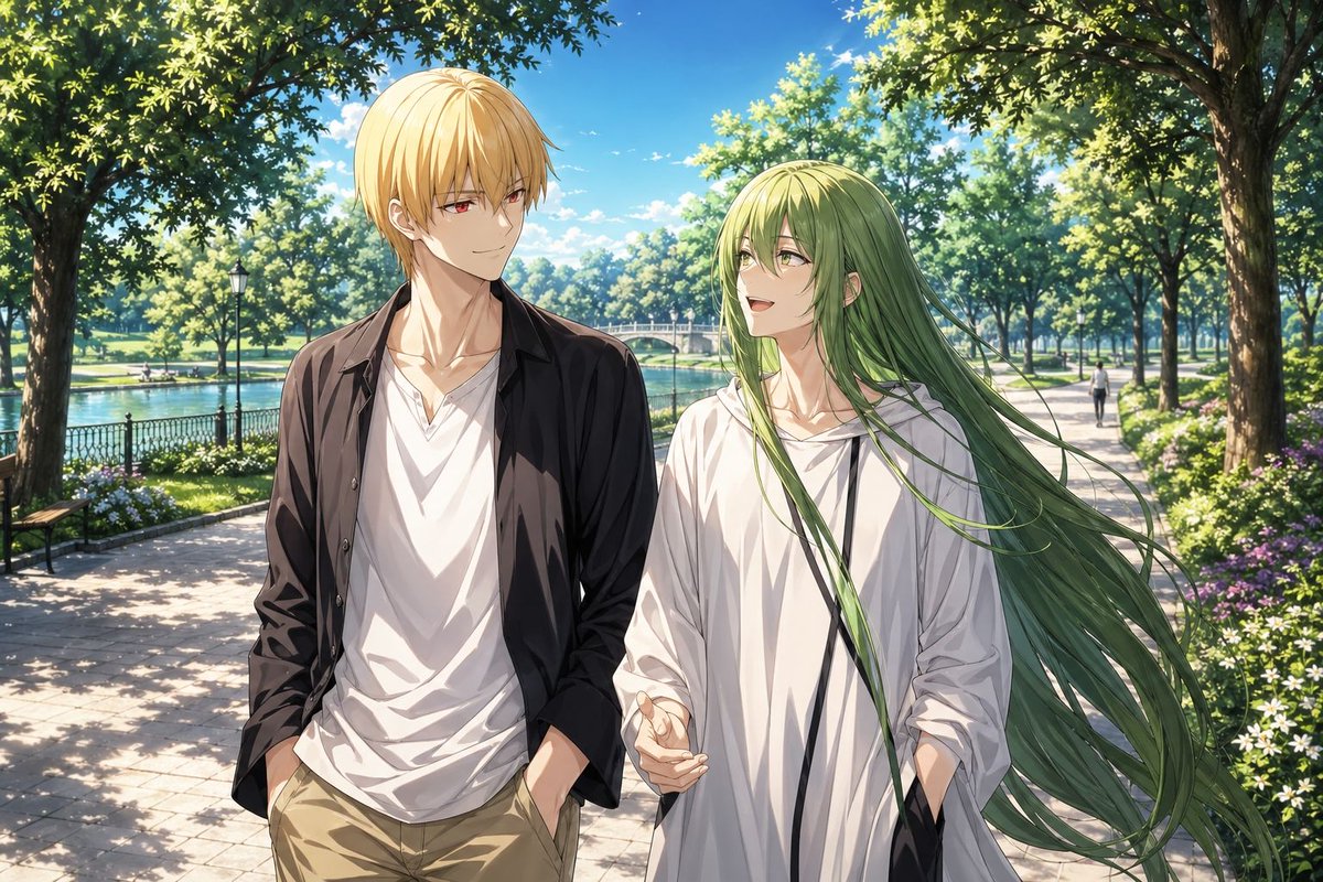 Anime Park Date Illustration Qwen Image prompt example: This prompt generates a serene anime-style illustration of two iconic characters walking together in a lush sunlit park,...