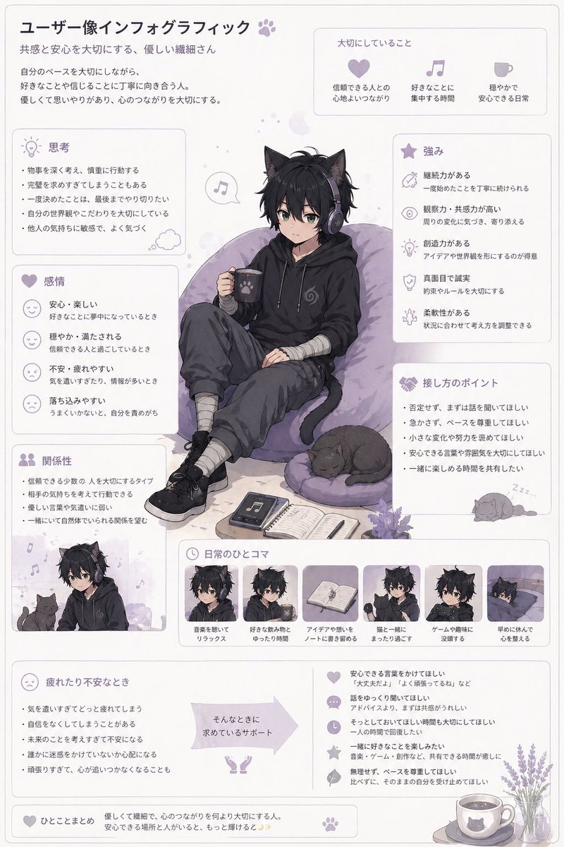 Pastel Anime User Persona Infographic Qwen Image prompt example: A vertically structured Japanese infographic poster showing a soft anime cat-eared avatar with multiple labeled...