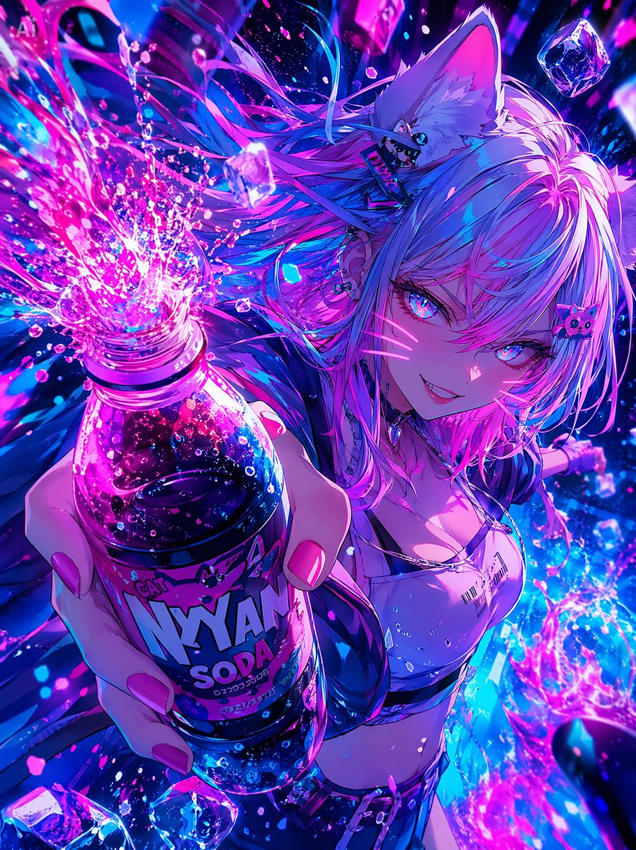 Neon Catgirl Soda Ad Qwen Image prompt example: A vivid cyber-anime poster of a cat-eared girl presenting a bursting soda bottle, ideal for energetic drink branding or flashy...