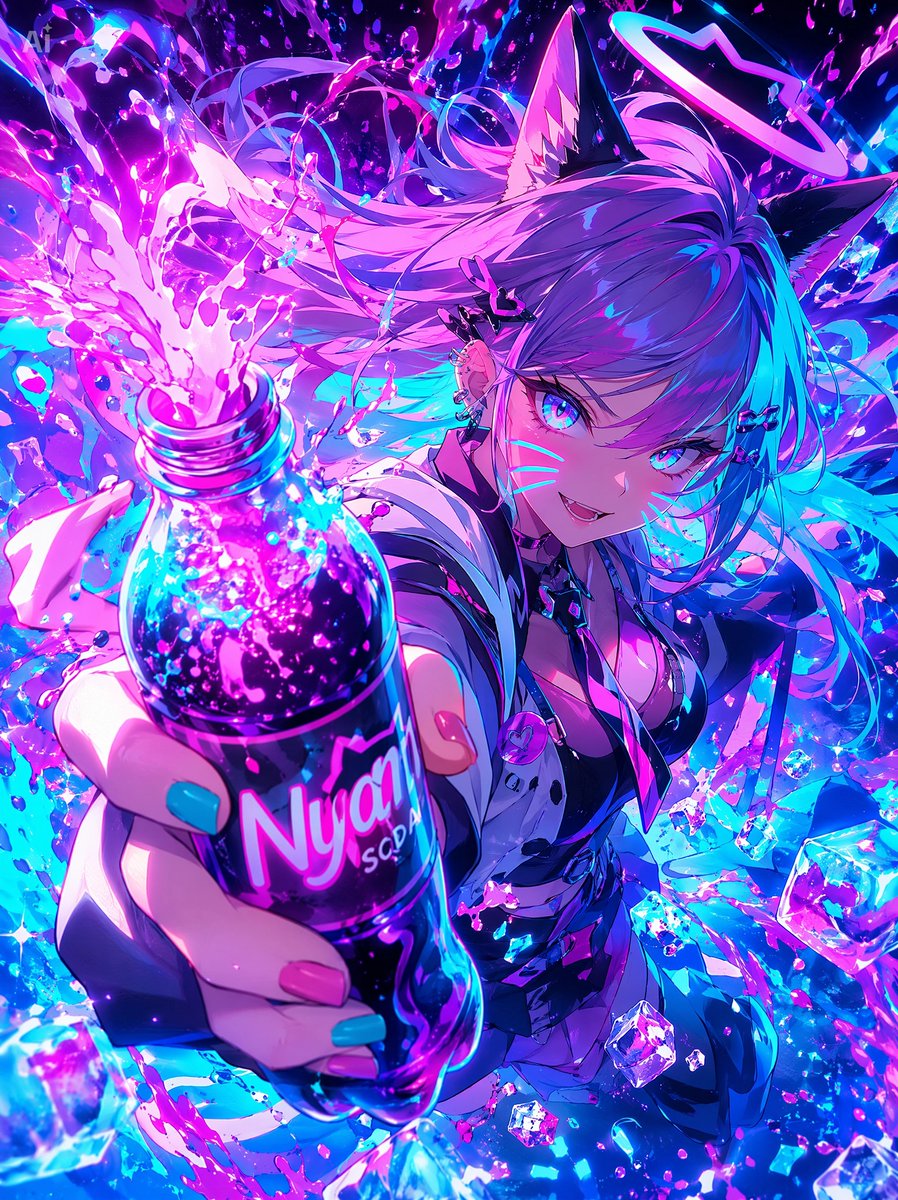 Neon Catgirl Soda Burst Qwen Image 프롬프트 예시: This prompt generates a high-energy anime-style vertical poster of a cat-eared idol girl presenting a glowing soda bottle amid...