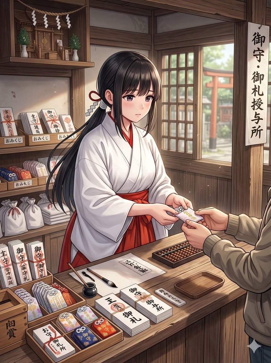 Anime Shrine Maiden Omamori Counter Qwen Image prompt example: This prompt generates a detailed anime illustration of a miko selling shrine charms at a wooden shrine counter,...