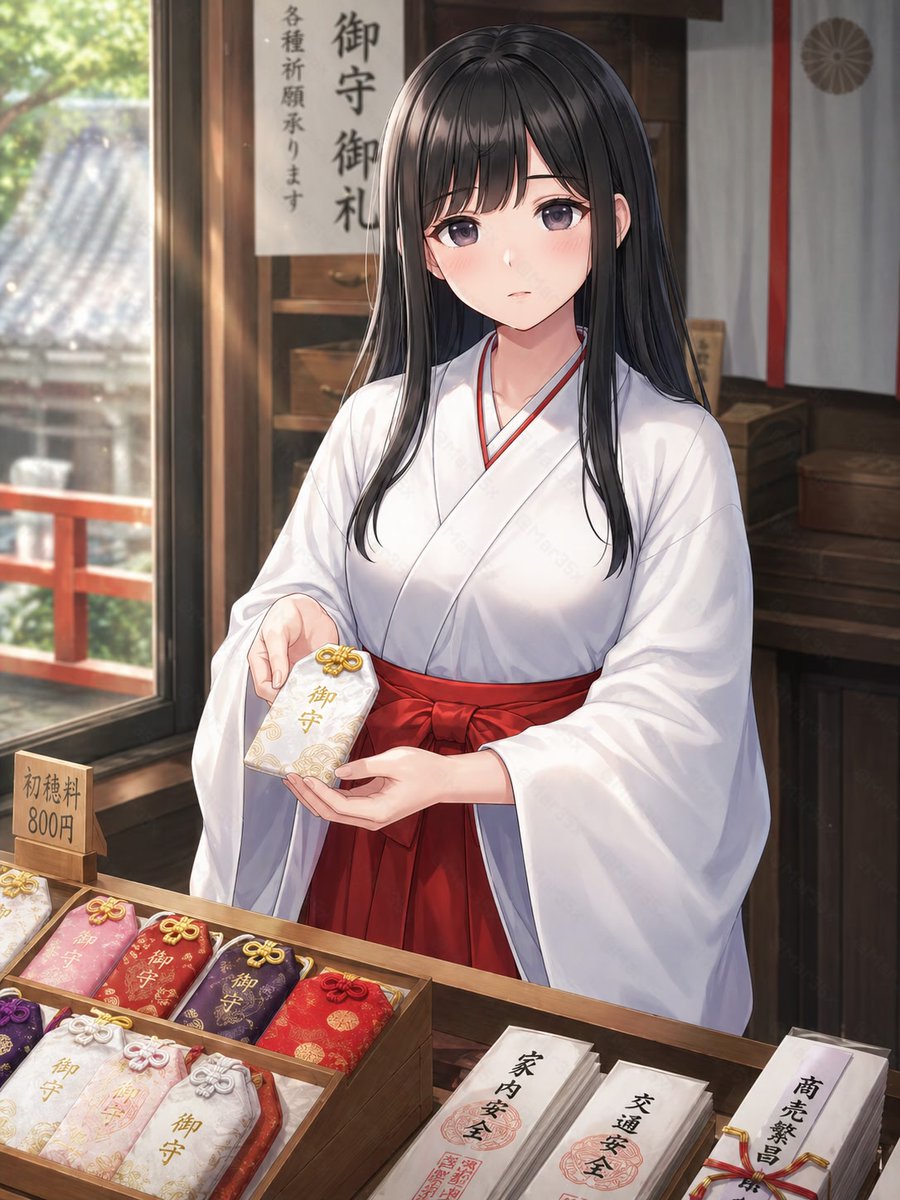 Shrine Maiden Offering an Omamori 的 Qwen Image 提示词示例图：This prompt generates a clean anime-style shrine scene featuring a miko presenting an omamori at a shrine counter, ideal for...