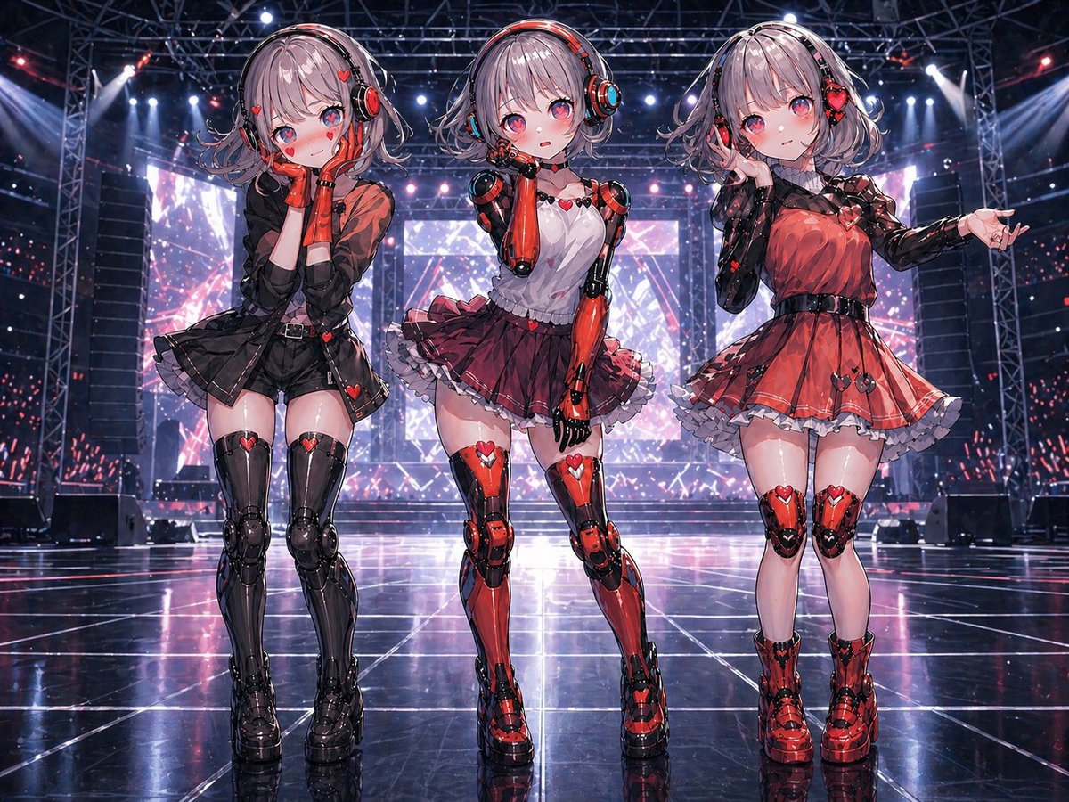 Three Android Idol Girls on Concert Stage のQwen Imageプロンプト例: This prompt generates a polished full-body anime key visual of three coordinated humanoid idol androids on a...